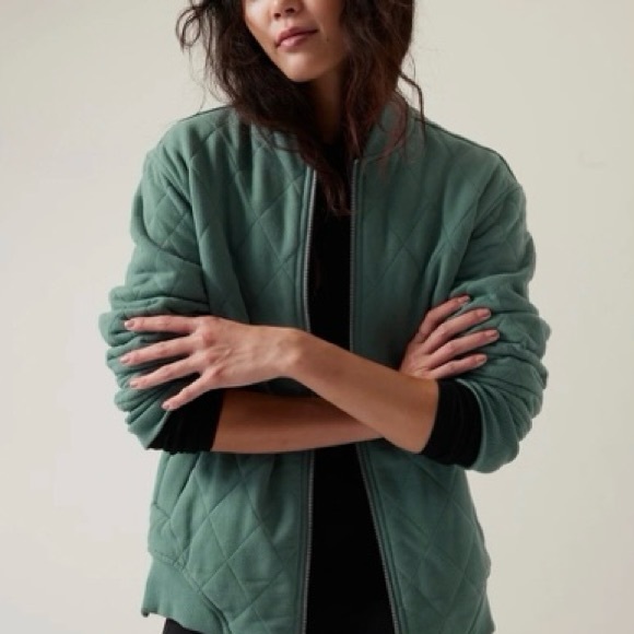 Athleta Women Jacket M Retroplush Bomber Jacket Teal Full Zip Up Quilted Green - Picture 4 of 16